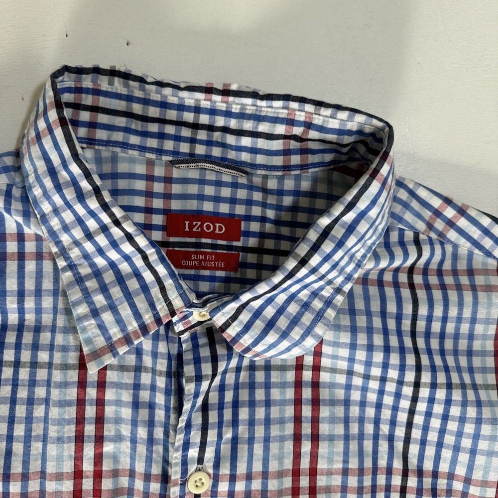 Izod Red Blue White Slim Fit XL Casual Button Down Pocket Shirt Large‎ - Picture 2 of 6